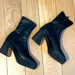 black faux leather platform bootie